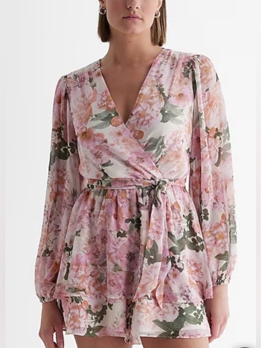 Express Floral Ruffle Tie V-Neck Long Sleeve Romper in Pink - Size M